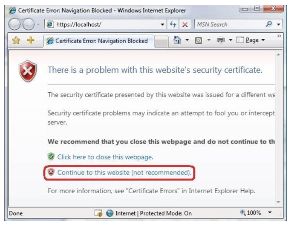 Certificate error message