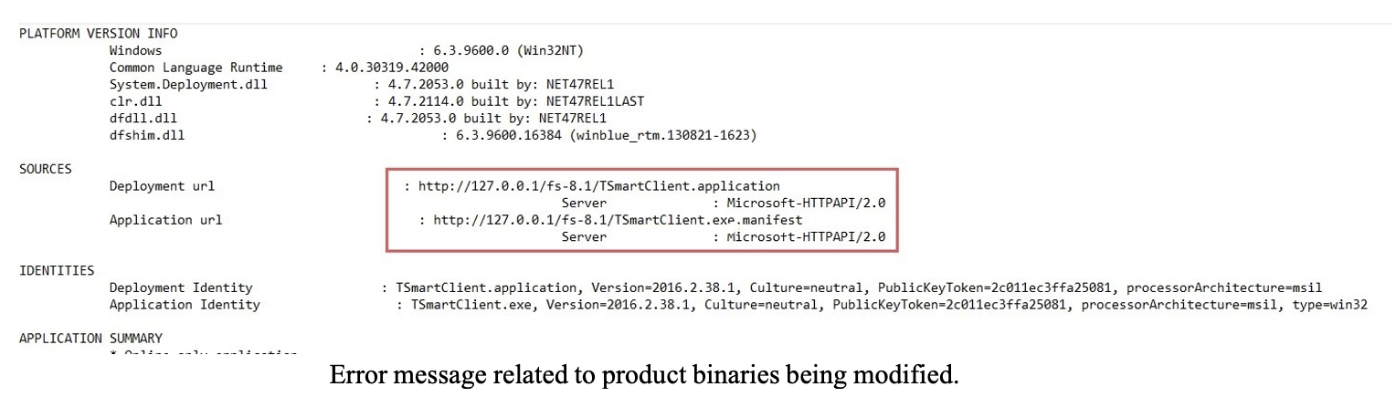 Error message related to product binaries being modified