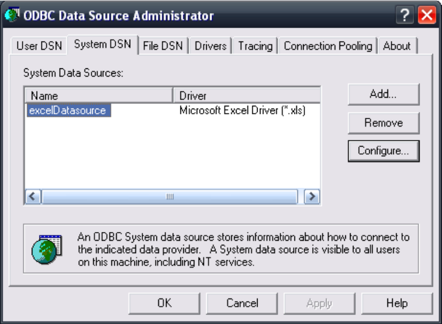 ODBC Data Source Administrator options