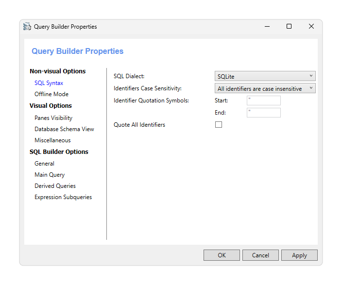 Query Builder Properties options