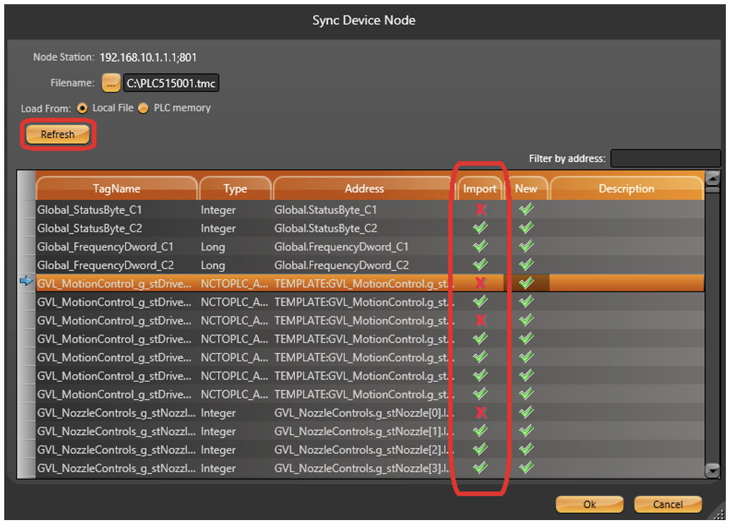  TwinCAT tags shown after clicking Refresh