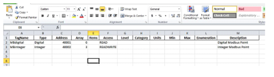 Table example created in Excel