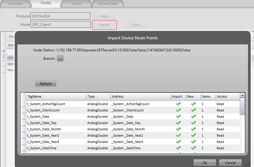 Import Device Node Points options