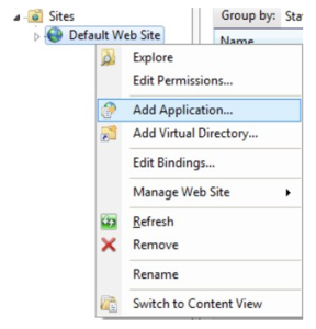 Right-click Default Web Site to find Add Application... option